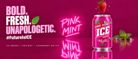 Pink Mint ICE Strawberry Mojito drink can with fresh strawberries, mint leaves and glowing pink neon branding.